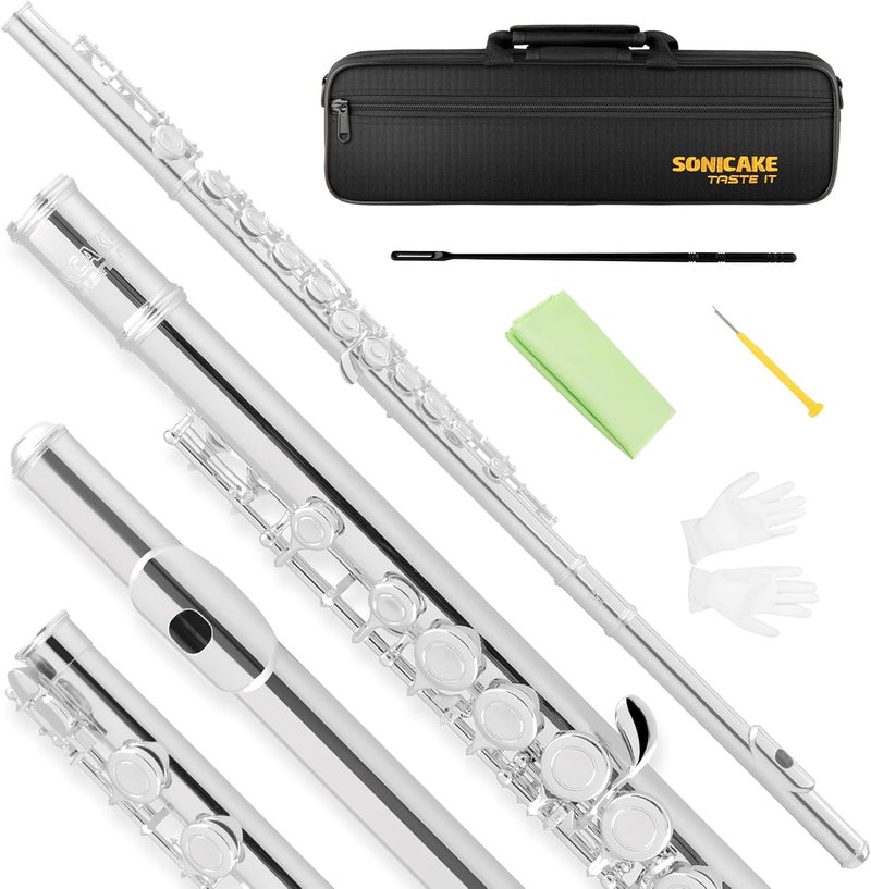 SONICAKE Closed Hole 16 Keys Flute, Silver-plated C Flutes for Beginner Student, Flute Instrument with Cleaning Kit, Carrying Case, Gloves, Tuning Rod, QFL-11 - Image 1